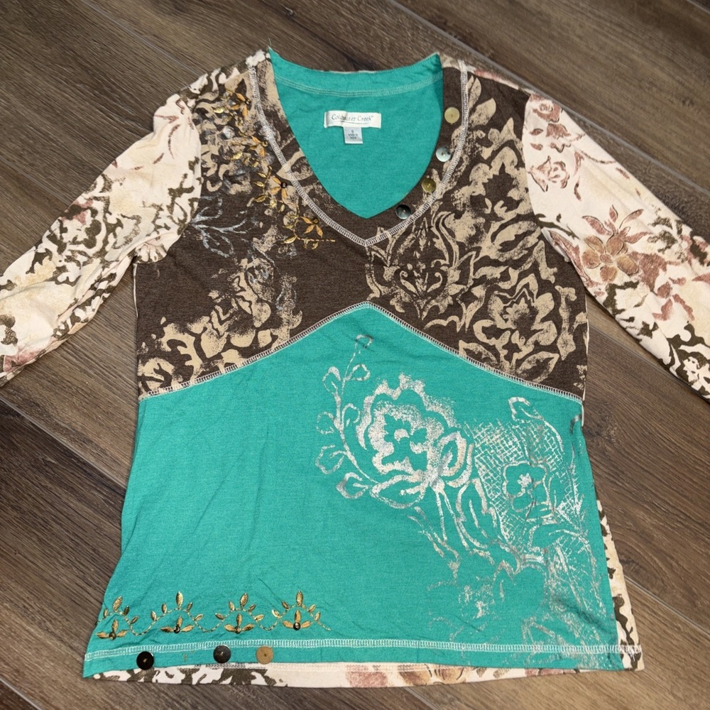 Coldwater Creek Green Boho Y2K 2000s Punk Grunge Beaded Blouse Size Small